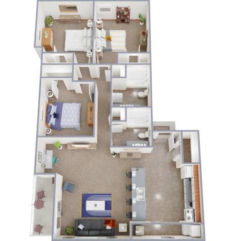 A 3D floor plan of a house with a living room, kitchen, and bedrooms.